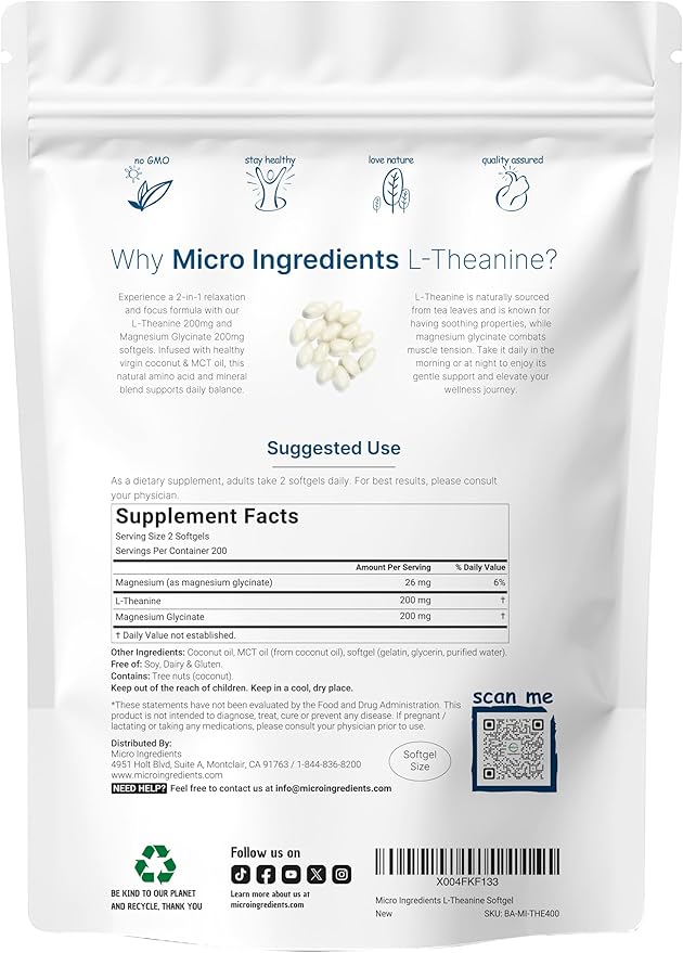 Micro Ingredients 8-in-1 Multi Collagen Capsules &amp L-Theanine 200mg with Magnesium Glycinate Softgels | Grass-Fed Collagen Peptides | Amino Acid &amp Mineral Complex Bundle 2 Pack