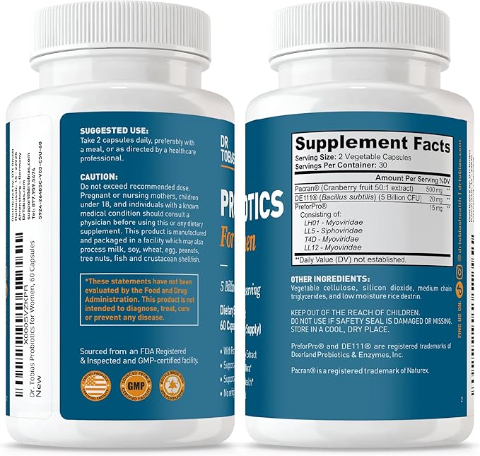 Dr. Tobias Probiotics for Women 5 Billion CFUs Plus Prebiotics &amp Cranberry Extract for Urinary Tract Health for Women Supports Digestive &amp Immune Health 60 Capsules 30 Servings