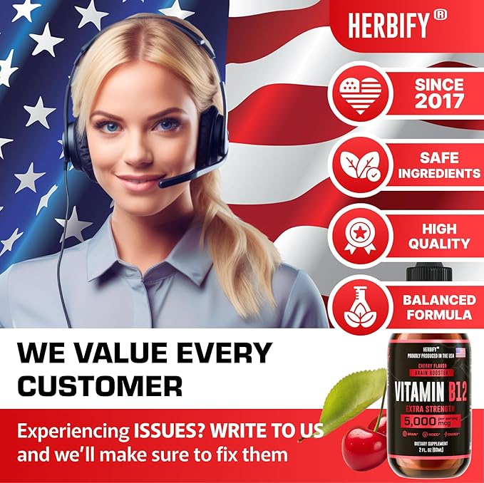 HERBIFY Vitamin B12 Methylated Multivitamin Energy Supplements for Women &amp Men - Liquid B12 Vitamins 5000 Mcg Methylcobalamin - Energy Support and Immune Health Liquid Vitamin - 30 Days Supply - 2