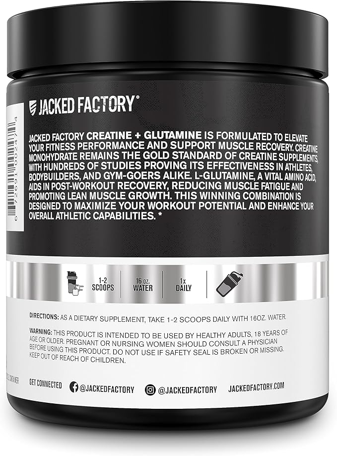 Jacked Factory Creatine + Glutamine - Creatine Supplement with L-Glutamine for Muscle Recovery Muscle Growth Increased Strength Enhanced Energy Output and Gut Health - 30 Servings Unflavored