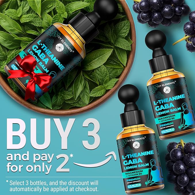 KEY ELEMENTS Liquid GABA with L Theanine Supplement | GABA 500mg and L-Theanine 200mg with Lemon Balm Extract and Magnesium with Vitamin B6