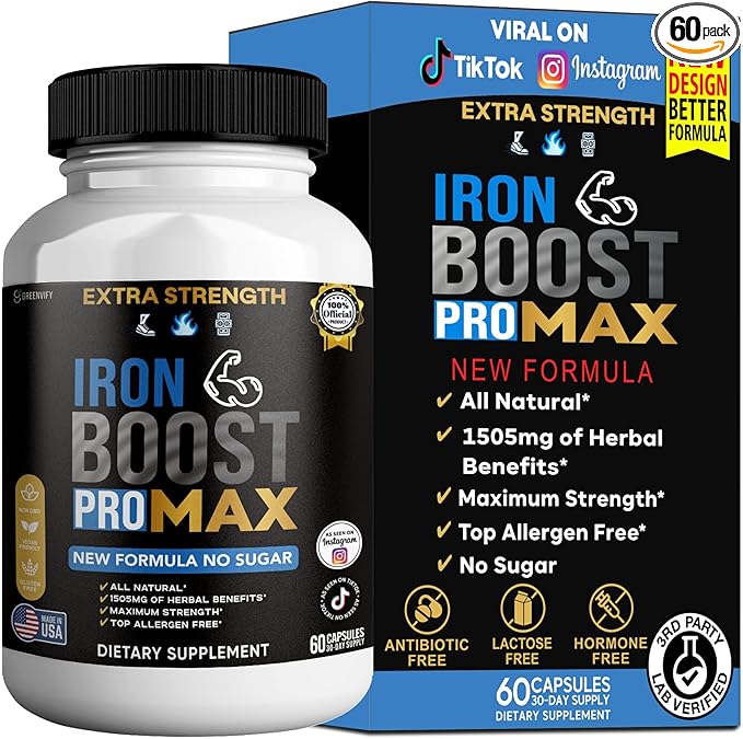 Iron Boost Pro Max Extra Strength Dietary Supplement Organic Maca Root Blend 60 Capsules 30-Day Supply (1)