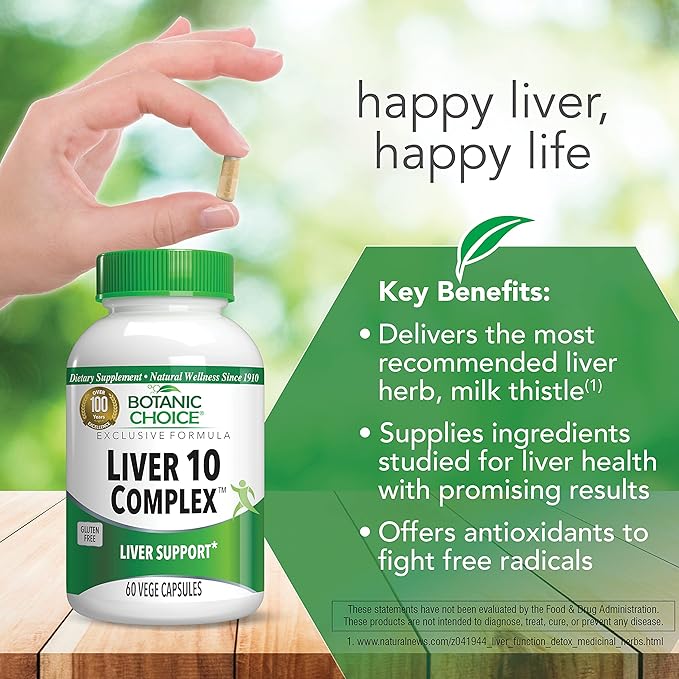Botanic Choice Liver 10 Complex - Premium Liver Health Support and Wellness Supplement - Natural Herbal Blend with Milk Thistle Extract Lecithin and Curcumin C3-60 Pills