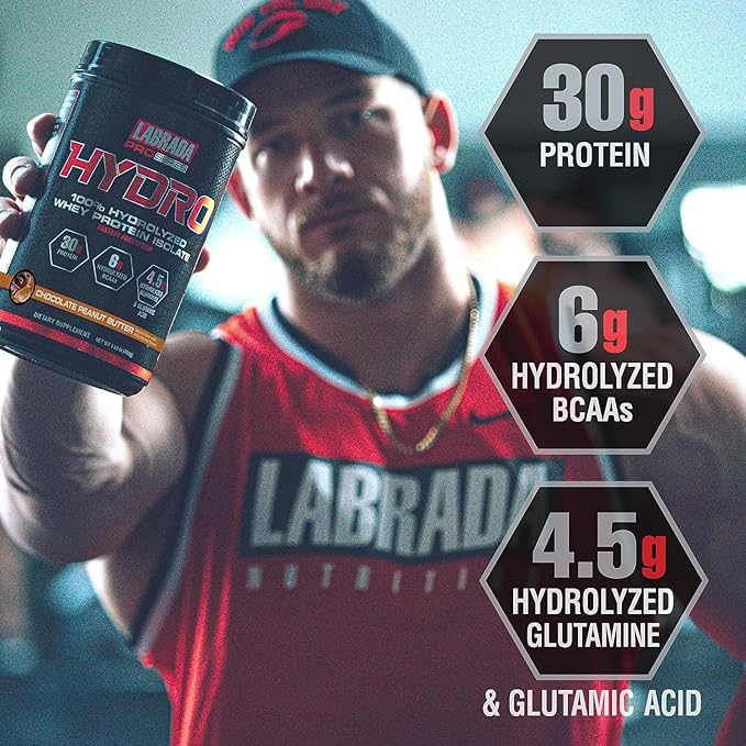 LABRADA HYDRO 100% Pure Hydrolyzed Whey Protein Isolate Powder Lactose free 6g BCAA’s 4.5g Glutamine Fastest Digesting Whey Available Instant Mixing Delicious Taste 20 Servings Choc PeanutButter