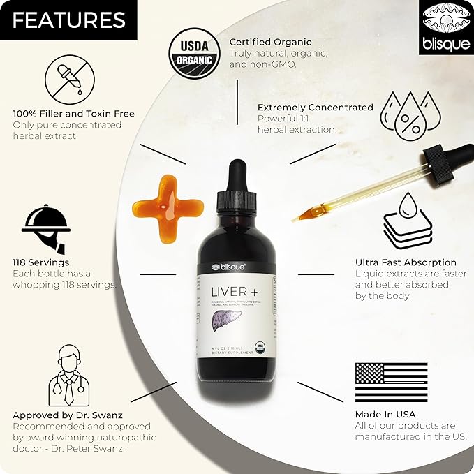 Blisque – Organic Liver Support Complex Supplement to Detox Cleanse and Repair the Liver | Doctor-Approved | Natural Ingredients | Milk Thistle and Dandelion Root | 4 Ounce | 118 Servings