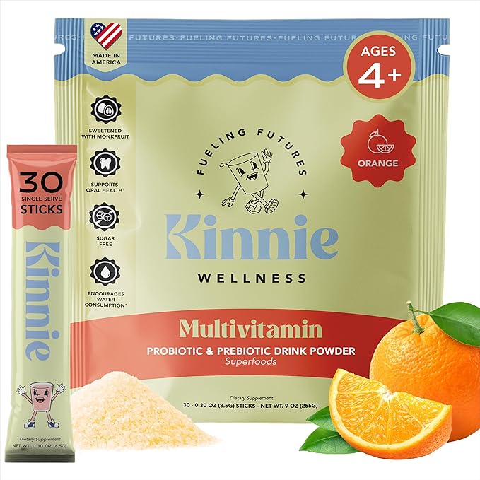Kids Multivitamin with Pre/Probiotic &amp Organic Superfoods for Kids - 22+ Vitamins &amp Minerals - Sugar-Free Orange Flavor - Immune Gut &amp Oral Health Support - Ages 4+ (30 Sticks)