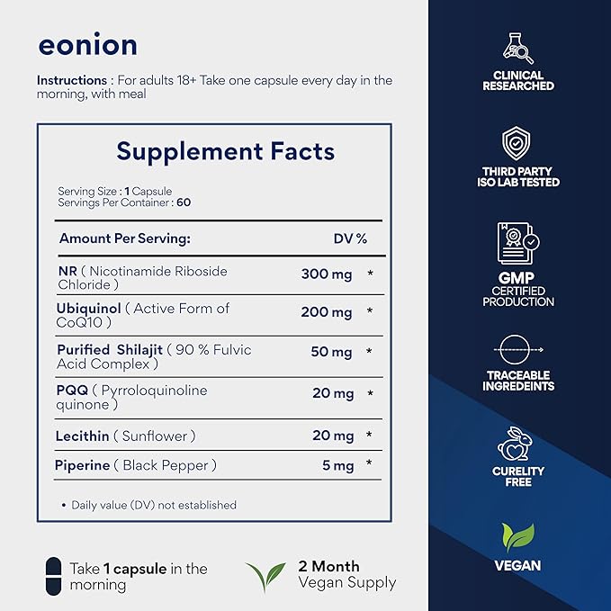 Advanced NAD+ Complex with 300mg NR + 200 mg Ubiquinol CoQ10 &amp 10 mg PQQ | Mitochondrial Support for Cellular Energy Mental Clarity &amp Focus | Enhanced Bioavailability | 60 Capsules