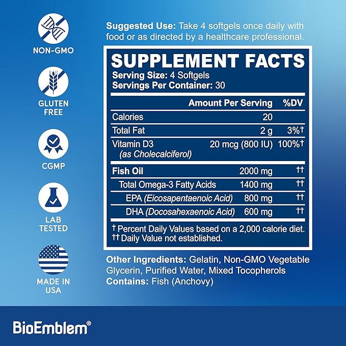 BioEmblem Vitamin D3 K2 Omega-3 Fish Oil 2000mg