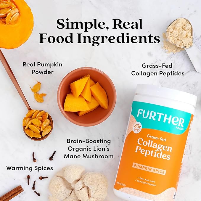 Further Food Pumpkin Spice Collagen Peptides Powder with Lion’s Mane Mushroom – 100% Grass-Fed Hydrolyzed Type 1 &amp 3 20g of Collagen per Serving Supports Skin Hair Nails &amp Focus 9.88 Oz
