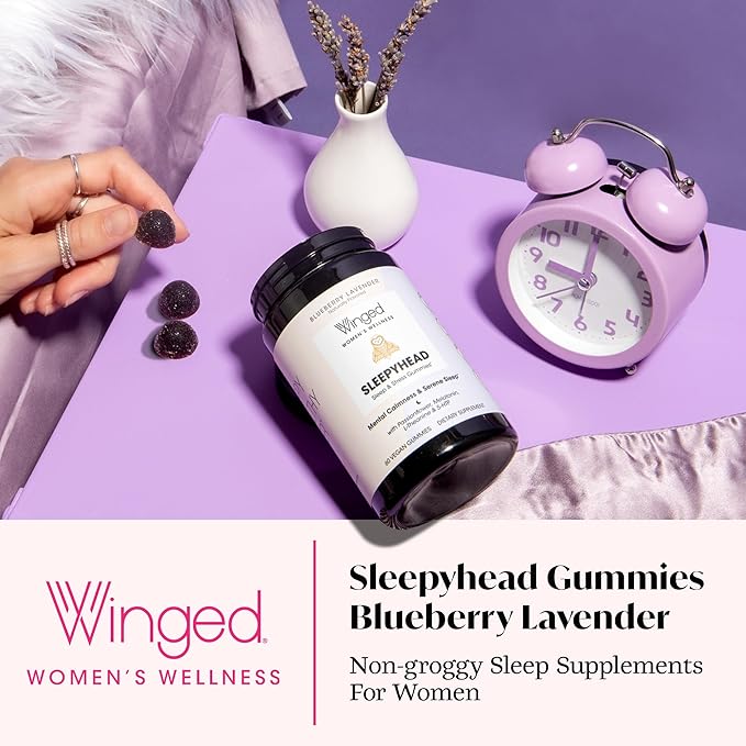 Winged Wellness Sleepyhead Natural Sleep Gummies for Women - Prime Sleep Support Aid for Adults with 3mg Melatonin L-Theanine 5-HTP - Blueberry Lavender Flavored - 30 Servings