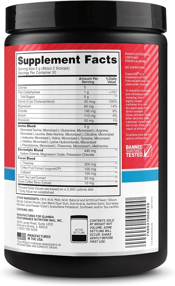 Optimum Nutrition Amino Energy Powder Plus Focus with BCAA Electrolytes and Caffeine Juicy Strawberry 30 Servings (Packaging May Vary)