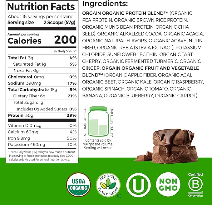 Orgain Organic 30g Vegan Protein Powder Chocolate 9g EAAs + BCAAs Plant Protein 6g Prebiotic + Fiber 1g Sugar Pre-Workout Muscle Support + Recovery - 2.01lb (Packaging May Vary)