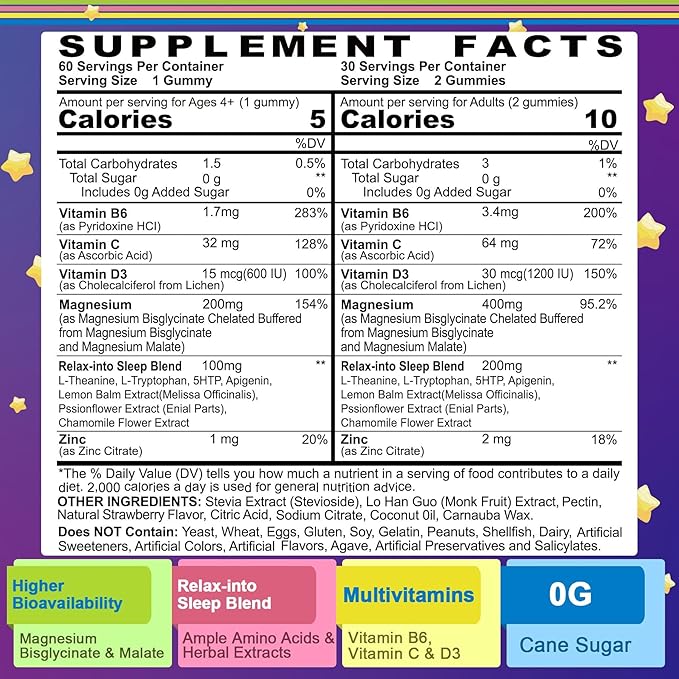 Magnesium Glycinate Gummies for Adults &amp Kids 4+ Sugar Free Magnesium Bisglycinate Supplement 400/200mg with B6D3 5HTP L-Theanine for Sleep &amp Relaxation Brain Muscle Melatonin Free Gummi