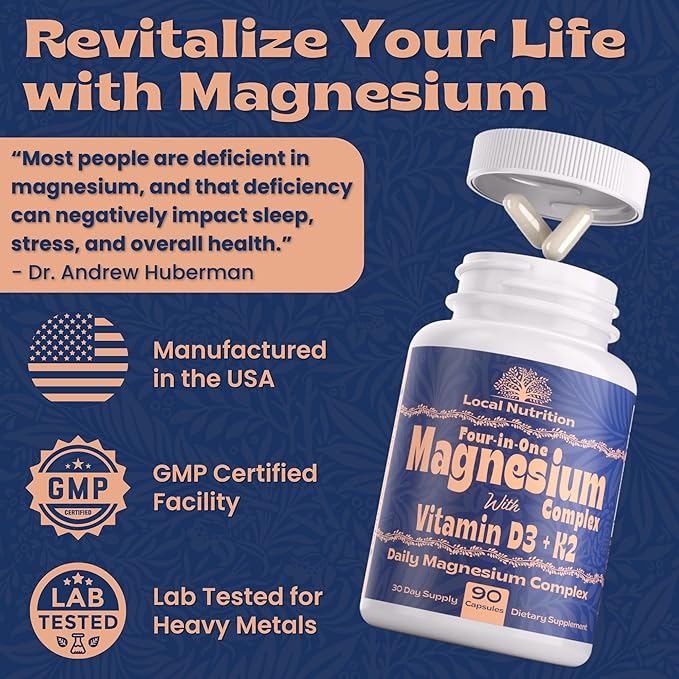 Magnesium Complex 420mg with Vitamin D3 K2 - Four Bioavailable Forms Including Bisglycinate (Glycinate) Malate Taurate and Chloride for Superior Absorption - 90 Capsules Made in USA