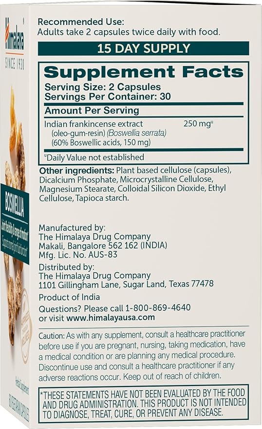 Himalaya Boswellia Joint Support for Mobility and Flexibility Promotes Tissue Preservation 250 mg 60 Capsules 1 Month Supply 2 Pack