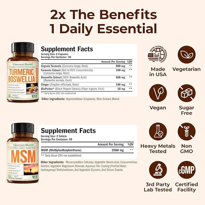 Boswellia Turmeric Curcumin Supplement + MSM 2000mg Bundle – Supports Joint Health &amp Aids Inflammatory Response – with Ginger Root Organic Turmeric Powder &amp Curcumin with Black Pepper (BioPer