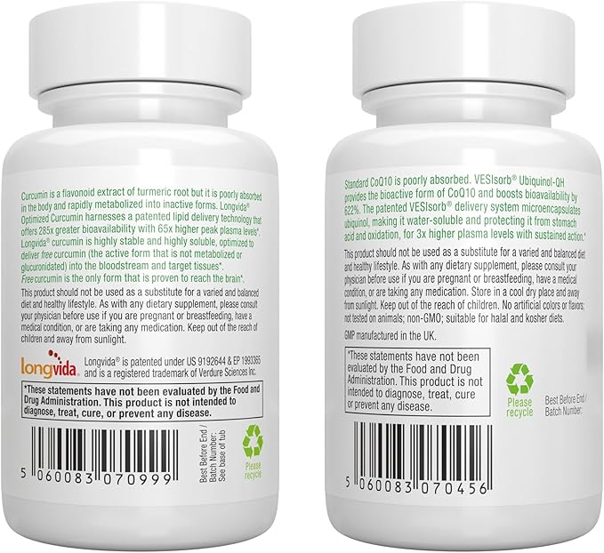 Longvida Curcumin 500mg + VESIsorb Ubiquinol-QH Advanced CoQ10 100mg Bundle Ultra Bioavailable Curcumin with Bioavailable &amp Fast-Acting Ubiquinol by Igennus