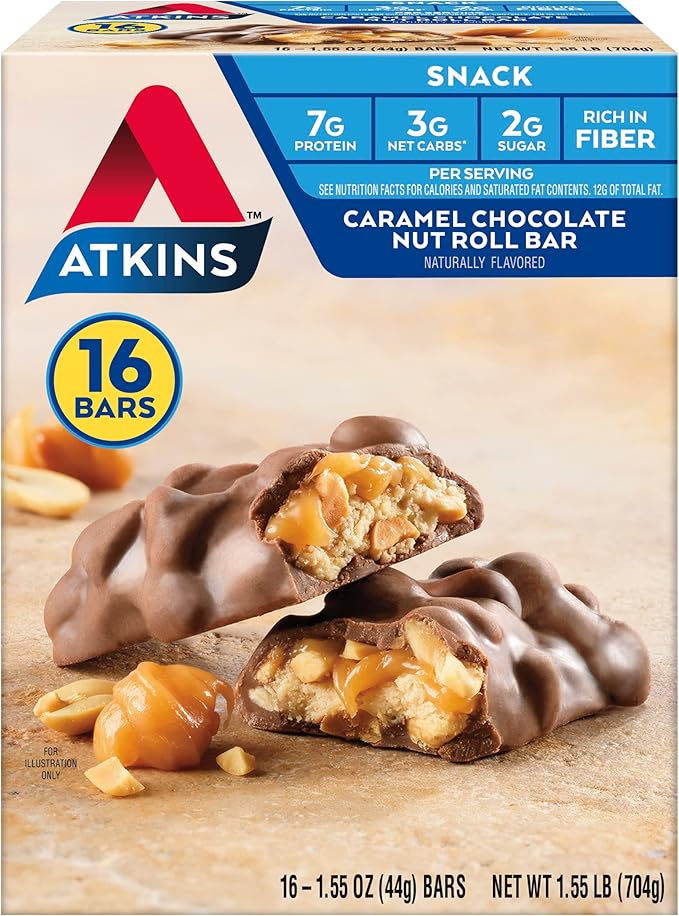 Atkins Energy Shake Creamy Caramel with Protein Gluten Free 4 Count(Pack of 3) and Caramel Chocolate Nut Roll Snack Bar High in Fiber 2g Sugar 16 Count