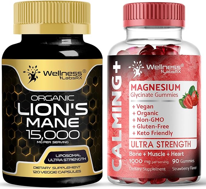 WELLNESS LABSRX Lions Mane Supplement Capsules - Magnesium Glycinate Gummies 1000mg | Bundle