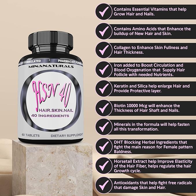 HSN 40 Hair Skin and Nails Growth Vitamins for Women. Biotin 10000 mcg Keratin Collagen for Thicker Stronger Hair. Tight Smooth and Soft Skin. Healthy Nails.