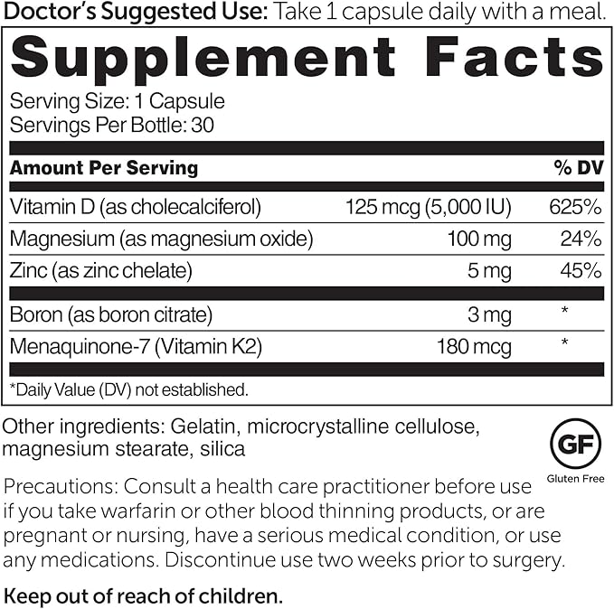 Dr. Whitaker's BeyonD3 - Vitamin D3 Supplement 5000 IU Plus Boron Vitamin K2 Magnesium &amp Zinc - Supports Immune Health Calcium Metabolism &amp Bone Mineralization (30 Capsules)