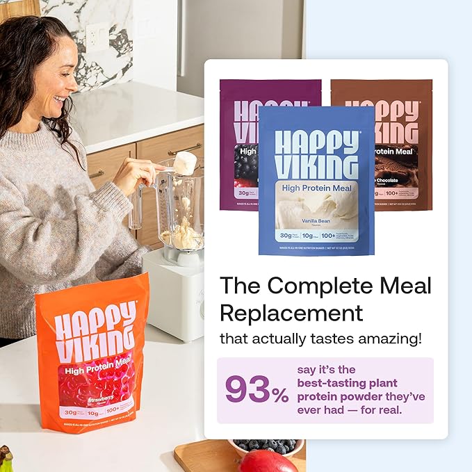 Happy Viking Plant-Based Protein Powder +100 Superfoods Chocolate Meal Replacement Shake Created by Venus Williams 30g Plant Protein 10g Fiber Vegan Gluten-Free Non-GMO 15 Meals