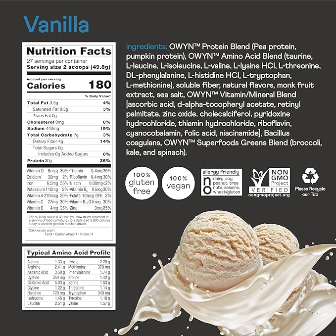 OWYN Only What You Need Pro Elite Vanilla Flavored Protein Powder 32g Protein 0g Sugar 4g Fiber High Protein Dairy Free Gluten Free Plant Based Protein Powder 2.9LB