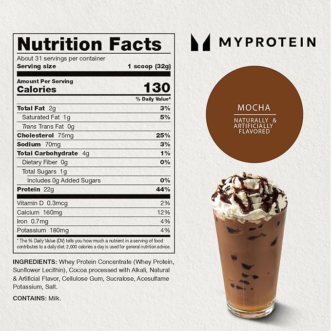 Myprotein Impact Whey Protein Powder 2.2 Lbs (31 Servings) Mocha 22g Protein &amp 5g BCAA Per Serving Shake for Superior Performance