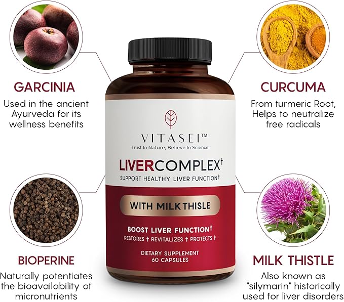 VITASEI Liver Cleanse Detox &amp Repair Liver Complex W/Milk Thistle Extract Garcinia Curcumin C3 Support Herbal Dietary Supplement Detox Formul for Women &amp Men 60 Capsules