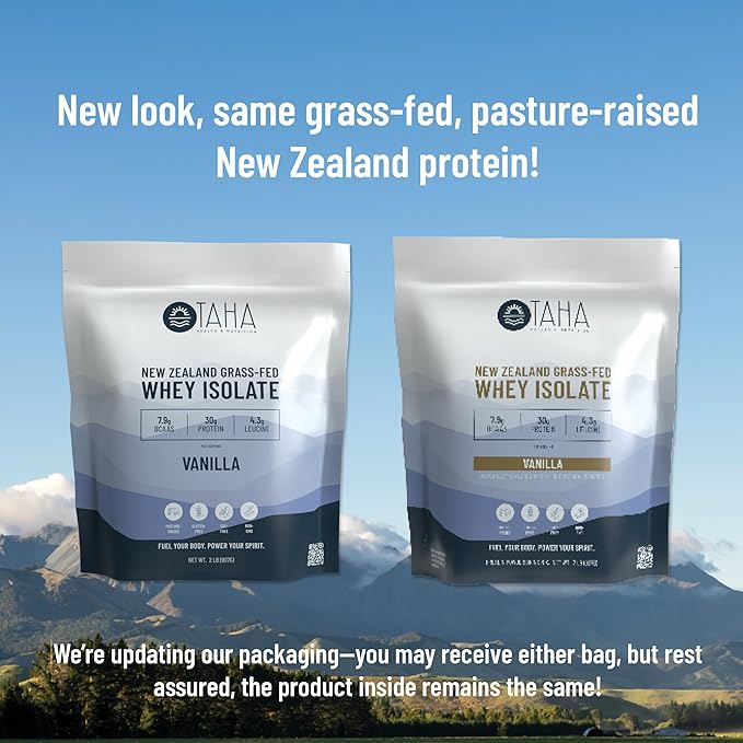 Taha Health &amp Nutrition Vanilla Whey Protein Isolate Powder 30g Protein 7.9g BCAAs 4.3g Leucine | New Zealand Free-Range Grass-Fed Dairy | Gluten-Free Keto Kosher | 2LB 25 Servings