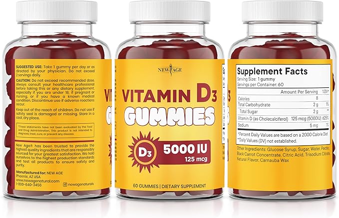 NEW AGE Vitamin D3 5000 IU 125mcg Gummies - Immune Supplement - Non-GMO Gluten-Free Dairy-Free No Gelatin (120 Gummies (Pack of 2))