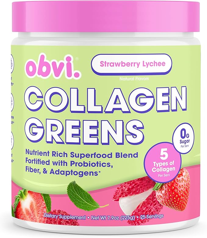 Obvi Collagen Greens | Organic Greens Superfood Powder with Collagen Peptides | Probiotics for Gut Health Skin Hair Nails | Gluten-Free Zero Sugar | Strawberry Lychee Flavor 25 Servings