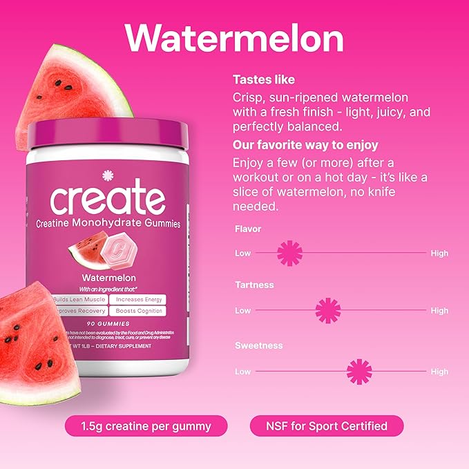Create Creatine Monohydrate Gummies for Men &amp Women Boost Focus Strength and Endurance Anti-Melting Formula Vegan Gluten-Free Non-GMO 1.5g of Creatine per Gummy (Watermelon)