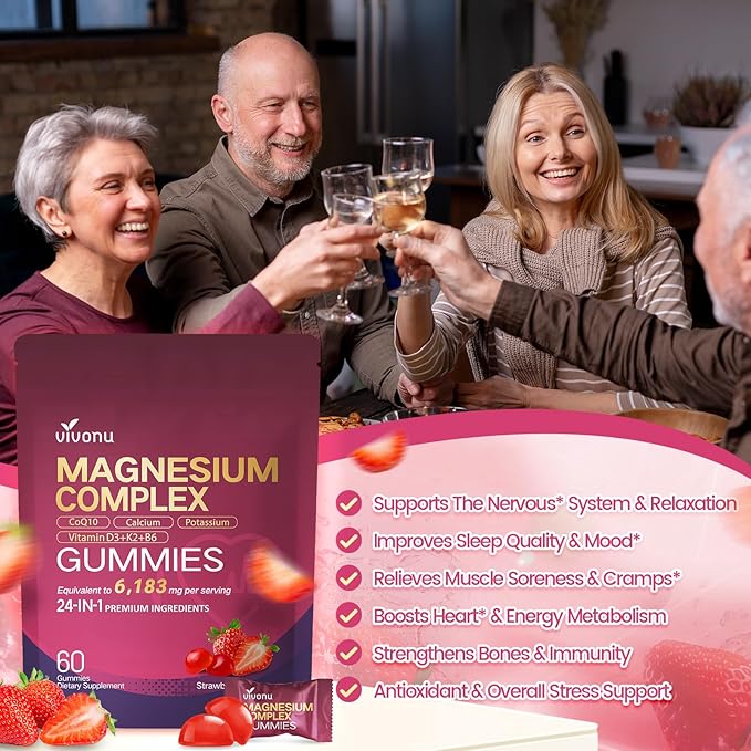 24-in-1 Magnesium Gummies 6183mg Magnesium Complex for Women and Men &amp Kids with Magnesiums Glycinate Citrate Malate Vitamin D3 K2 CoQ10 Zinc Potassium Sleep Heart Support Strawberry 2 Ba