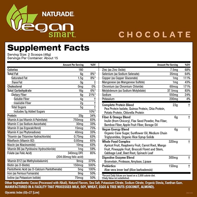 Vegansmart Naturade All-in-One Plant-Based Shake – Low Sugar Nutrition with Protein Fiber Vitamins &amp Minerals Supports Balanced Energy &amp Wellness Chocolate Vegan - 24.34 oz