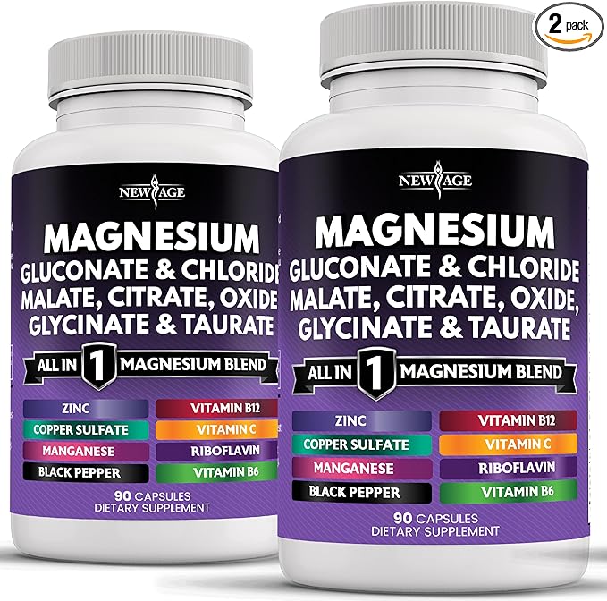NEW AGE Magnesium Supplement -Powerful Glycinate Citrate Malate Oxide Taurate Aspartate Gluconate Orotate &amp Mag Chloride Manganese Joint Support- 180 Count