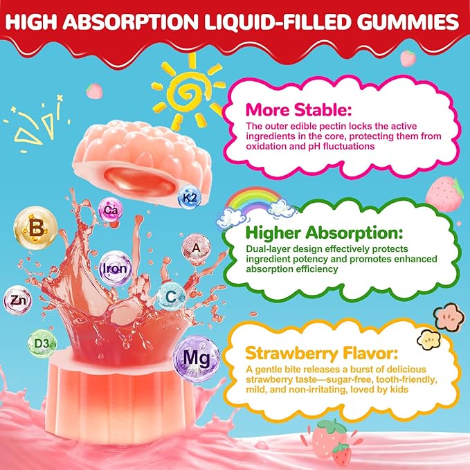 Kids Calcium Gummies with Vitamin D3: Sugar Free Chewable Calcium Citrate for Kids Plus Organic Vitamin D3 K2 Magnesium Zinc Lysine Omega3 - Easy to Digest High Absorption Non-GMO(60Count)