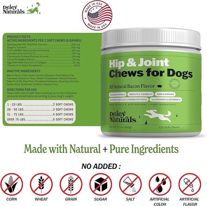 Deley Naturals Hip and Joint Supplement for Dogs - Glucosamine Chondroitin MSM &amp Collagen for Dogs - Dog Joint Supplement Smaller Chews Low Calories Same Ingredients - 120 Bacon Flavor Chews