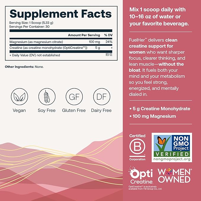 True Grace FuelHer RapidMix Creatine Monohydrate - Unflavored - for Women - Supports Lean Muscle Mental Clarity &amp Metabolism - 100 mg Magnesium - Bloat Free - Mixes Instantly - Non-GMO - 30 Servi