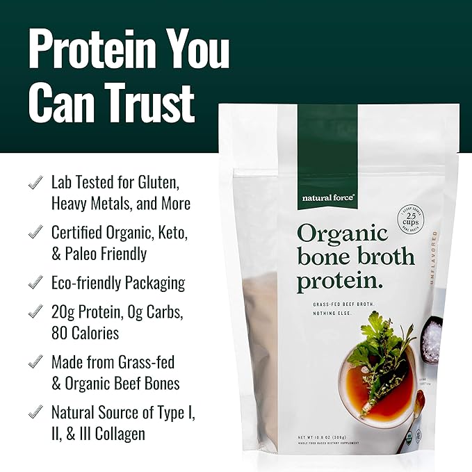 Natural Force Grass Fed Organic Whey Protein Powder Unflavored - 16 oz Pure Organic Bone Broth Protein Powder 10.8 oz