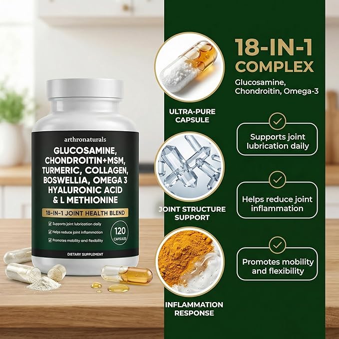 Arthronaturals 18 in 1 Joint Supplement with Glucosamine Chondroitin MSM Hyaluronic Acid Omega-3 and More for Provides Joint Support Improves Mobility &amp Long Term Health Vegan - 60 CPS (1)