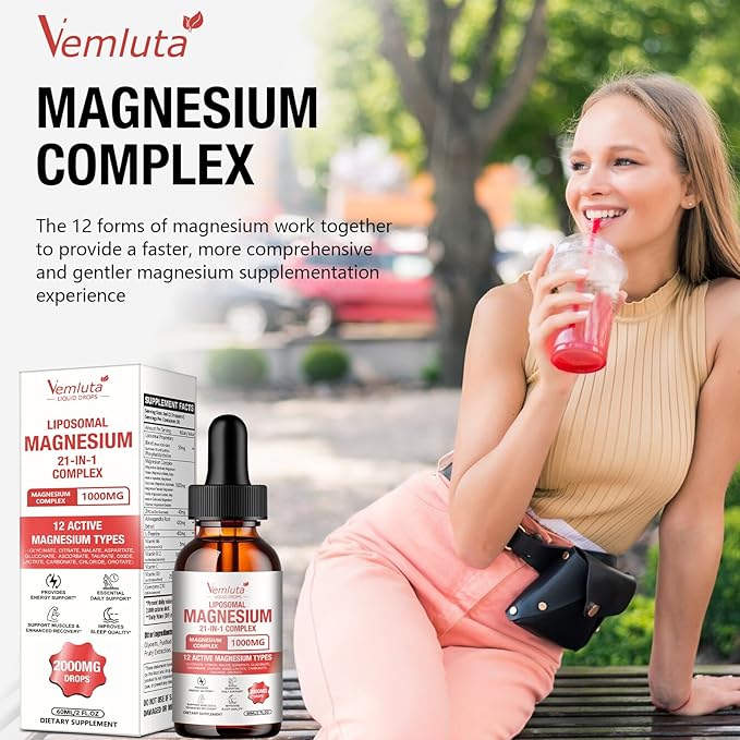 2 Packs 21-in-1 Liposomal 12 Active Magnesium Complex 2000MG+ Liquid Drops - with Magnesium GlycinateCitrate etc Ashwagandha &amp L-TheanineCoQ10 for Mood MuscleHeart &amp Relaxation Nerve* Sup
