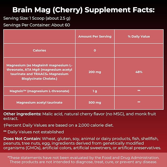 Brain Mag Magnesium L-Threonate (Magtein) w/Mag Taurate (ATA Mag) Mag Glycinate for Brain Support | 60 Servings (Cherry)