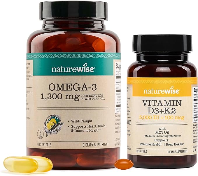 NatureWise [1 Ultra Omega 3 Fish Oil 2200 mg - TG Form - 60 Softgels[30-Day Supply] + [1] Vegan Vitamin D3 5000IU + K2 - Organic Coconut MCT Oil - 30 Softgels[30-Day Supply]