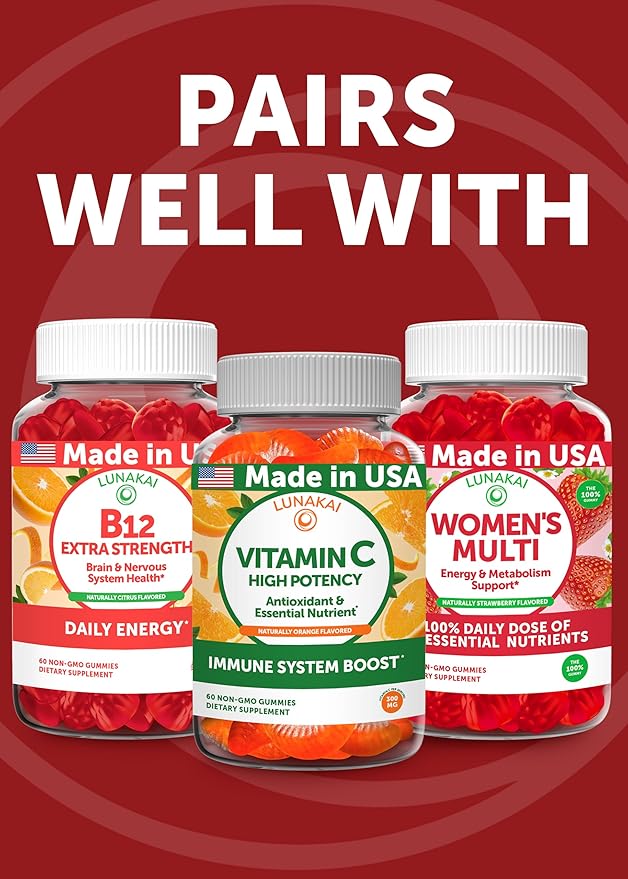 Lunakai USA Made Vegan Iron Gummies 5-in-1 with Methylfolate Vitamin C E &amp B12 - Daily Chewable Iron Supplement for Women Men &amp Kids - Energy &amp Blood Health Support Non-GMO 60ct