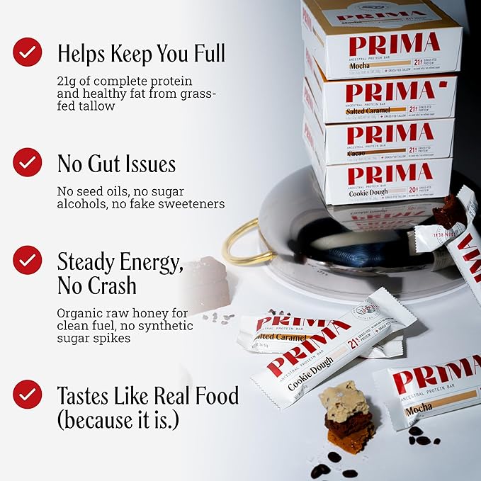 PRIMA ANCESTRAL PROTEIN BAR Grass Fed Protein Bars 7 Pack – Animal-Based Protein Bar with Beef Tallow Raw Honey Seed Oil Free Low Carb Gluten-Free – Healthy Energy Snacks for Clean Lifestyle (7