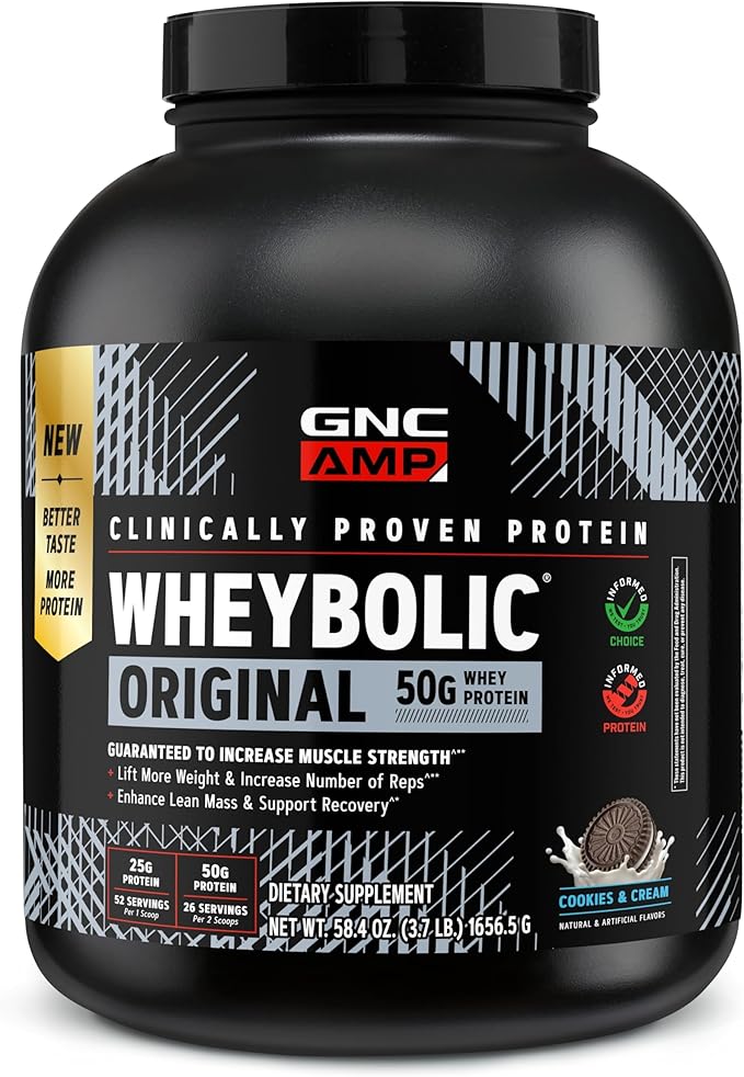 GNC AMP Wheybolic Clinically Proven Protein Powder 50g Whey Protein BCAA Leucine Increases Muscle Strength Muscle Building 3rd Party Tested Gluten Free Cookies &amp Cream 26 Servings