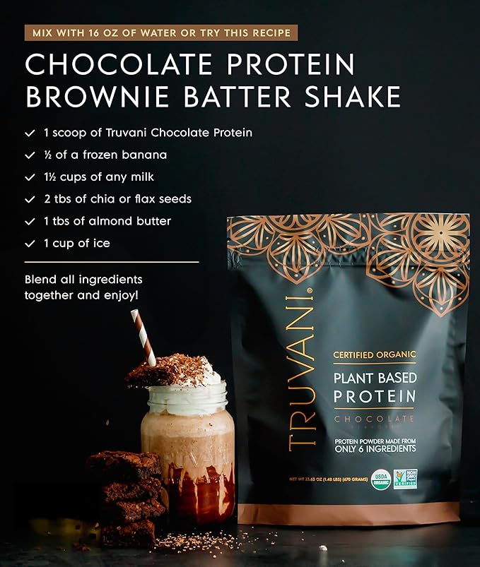 Truvani Vegan Pea Protein Powder | Chocolate | 20g Organic Plant Based Protein | Single Serving Travel Packets | 10 Servings | Keto | Gluten &amp Dairy Free | Low Carb | No Added Sugar
