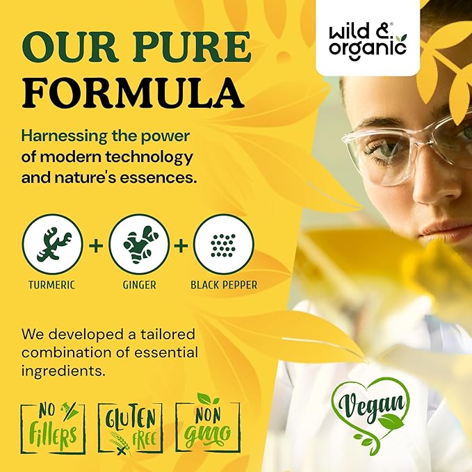 Wild &amp Organic Turmeric and Ginger Supplement Capsules - Mobility &amp Immune Support - Ginger and Turmeric Supplements with Black Pepper - 30 Days of Supply - Vegan No Fillers Non-GMO - 60 Cou
