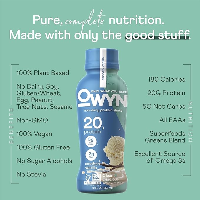 OWYN Only What You Need Smooth Vanilla Flavored Protein Shake 20g Protein 4g Sugar 3g Fiber Dairy Free Plant Based Protein Drink 12 Count